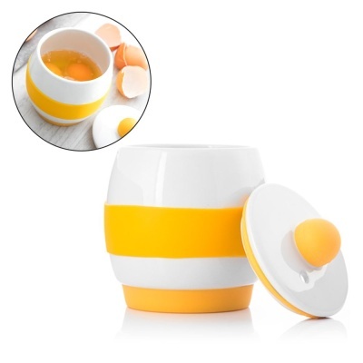 Ovo cozedor cerâmico branco com faixa amarela e tampa amarela