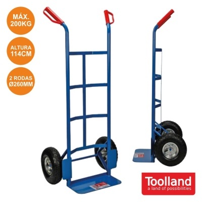 Carrinho de carga azul com rodas pretas e punhos vermelhos, etiqueta Toolland