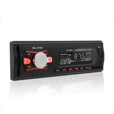 Aparelho de car stereo preto com visor digital e botões iluminados.