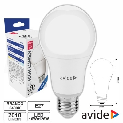 Lâmpada LED Avide E27 branca 6400K na caixa com especificações