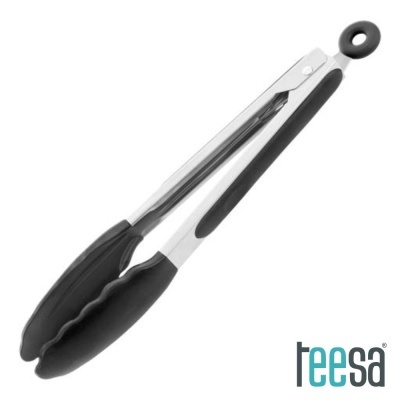 Pinça de cozinha preta e prateada com anel de suspensão