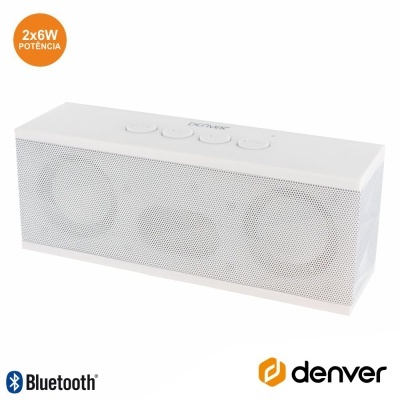 Coluna de som portátil branca Denver com grelha metálica e botões no topo