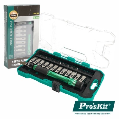 Estojo de ferramentas Pro'sKit com cabo verde e 14 lâminas, caixa e logo da marca.