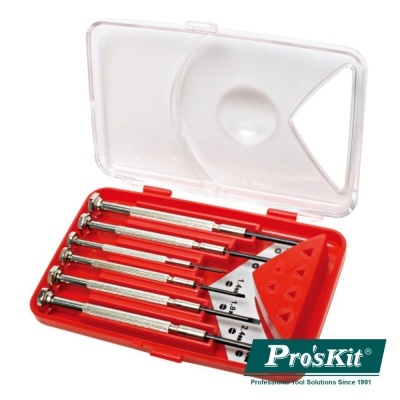 Conjunto de ferramentas de precisão em caixa vermelha com tampa transparente marca PRO'SKIT