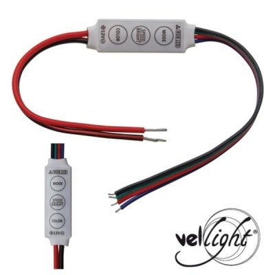 Controlador de luz LED com fios e botões brancos com texto e logo vellight