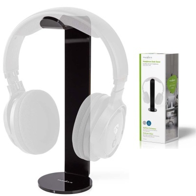 Suporte para auscultadores preto em metal com embalagem branca ao lado