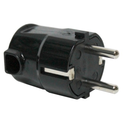 Ficha elétrica preta em plástico com dois pinos metálicos