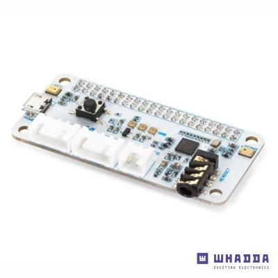 Placa eletrónica branca com botões, conectores e jack preto, texto RESET e logo WHADDA EXCITING ELECTRONICS