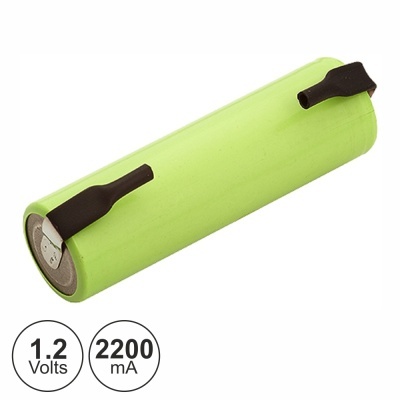 Bateria cilíndrica verde com terminais pretos e texto 1.2 Volts 2200 mA