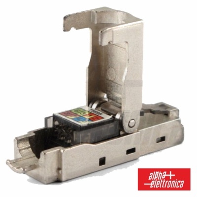 Conector metálico com código colorido e logotipo alpha-elettronica no fundo