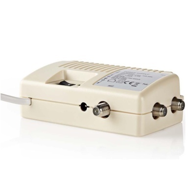 dispositivo electrónico branco com portas coaxiais e etiqueta técnica