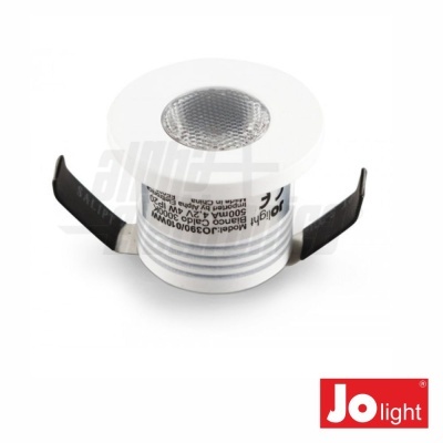 Refletor LED redondo com suporte metálico e texto técnico visível