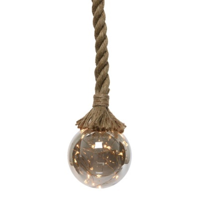 Lâmpada pendente em bola de vidro com luzes internas suspensa por corda trançada
