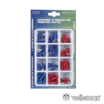 Conjunto de terminais e conectores Velleman em embalagem transparente e cartaz verde e azul