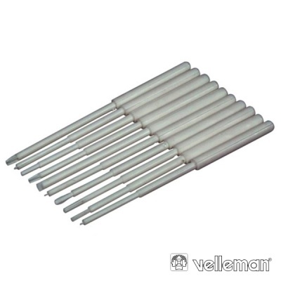 Conjunto de dez fusíveis cerâmicos brancos com extremidades metálicas e logótipo Velleman