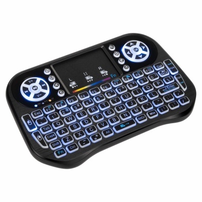 Mini teclado sem fios preto com retroiluminação azul e painel táctil