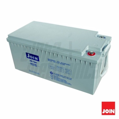 Bateria de gel cinza clara tipo Join com etiquetas azuis e terminais metálicos