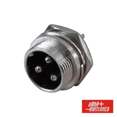 Conector metálico de três pinos com logótipo alpha elettronica