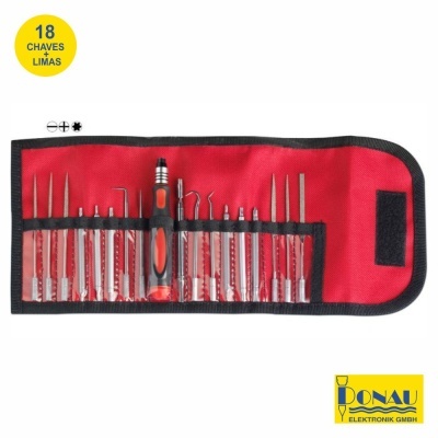 Conjunto de 18 chaves limas em bolsa vermelha com texto amarelo e logótipo Donau