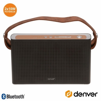 Coluna portátil Bluetooth preta com alça castanha e detalhes prateados