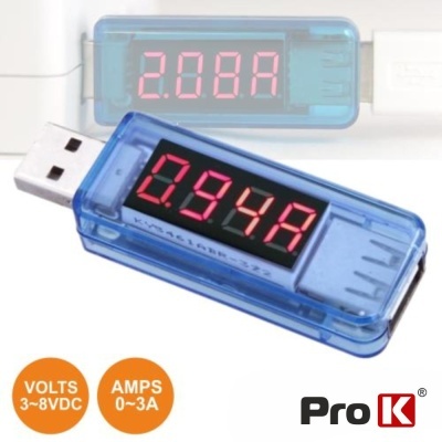 Medidor de corrente USB digital azul com ecrã LED vermelho e logótipo ProK