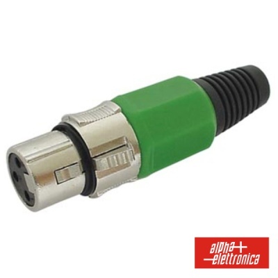 Conector de áudio XLR fêmea verde e preto com fundo branco e logotipo alpha elettronica
