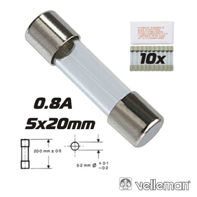 Fusível cilíndrico de vidro com extremidades metálicas e texto 0.8A 5x20mm