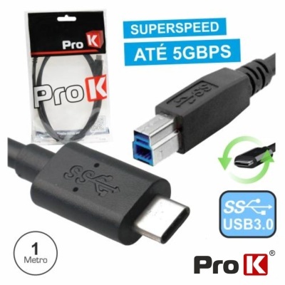 Cabo USB 3.0 Pro K preto, 1 metro, com conetores USB tipo C e tipo B, embalado em embalagem de plástico transparente