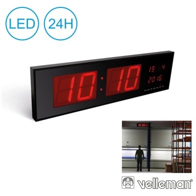 Relógio digital LED preto com números vermelhos e datas exibidas