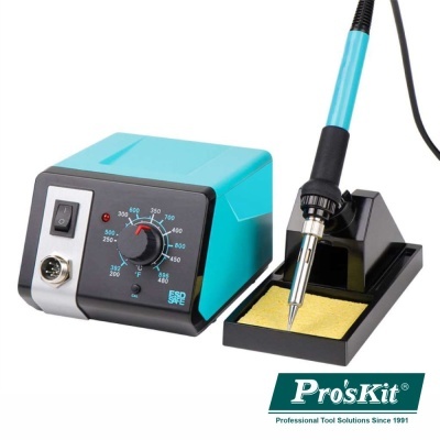 Estação de soldadura Pro'sKit azul e preta com porta-esponja amarelo