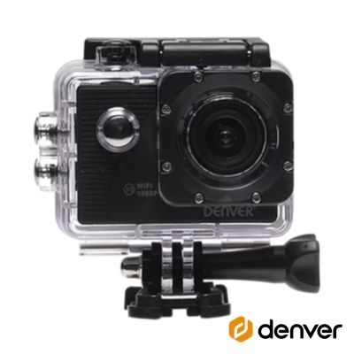 Câmara desportiva preta em caixa protetora transparente com suporte