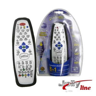 Comando à distância universal 8 em 1 branco com botões coloridos em embalagem blister