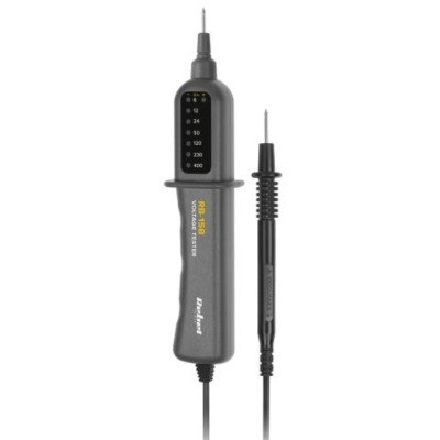 Testador de tensão cinzento com ponteiro metálico e escala de valores em preto