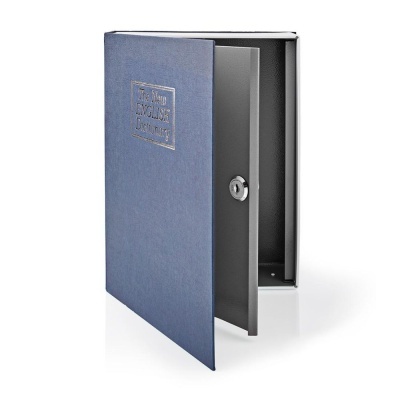 Arquivo metálico azul com fechadura e texto gravado na capa