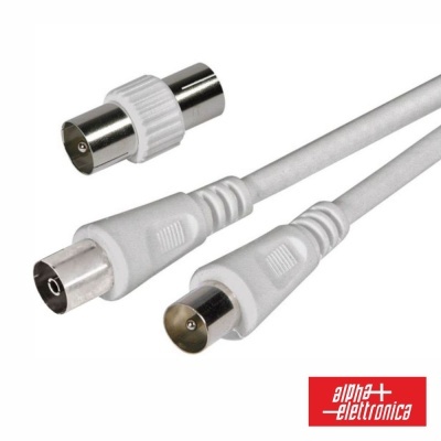 Cabo coaxial branco com conectores metálicos e adaptador, logotipo alpha elettronica