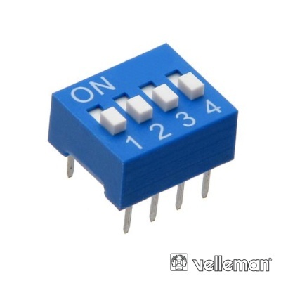 Interruptor DIP azul de 4 posições com alavancas brancas e texto ON