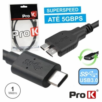 Cabo USB 3.0 Pro K preto com conetores USB Tipo-C e Micro-B e embalagem