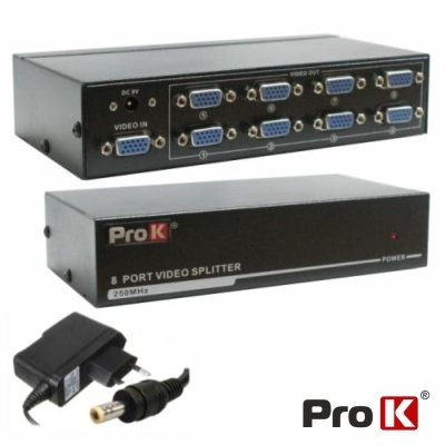 Divisor de vídeo ProK 8 portas em caixa metálica preta com portas VGA e adaptador de corrente