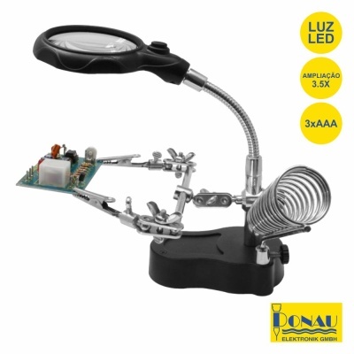 Suporte auxiliar com lupa, luz LED e suporte para soldador