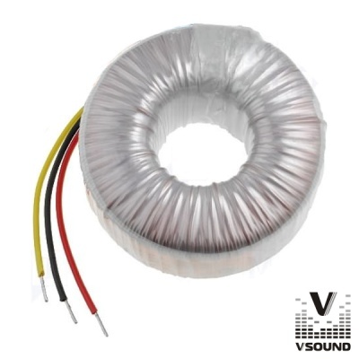 Transformador toroidal com fios amarelo, preto e vermelho