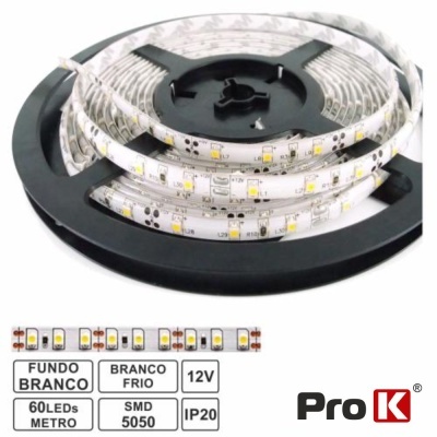 Rolo de fita LED flexível branca, 60 LEDs por metro, branco frio, 12V, SMD 5050, IP20