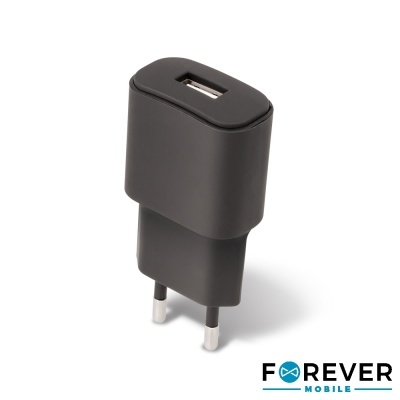 Carregador de parede USB preto com ficha europeia e logo Forever Mobile