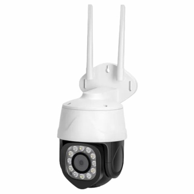 Câmara de vigilância branca e preta com antenas e LEDs