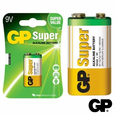 Bateria alcalina GP Super 9V em embalagem verde e amarelo