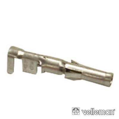 Terminal elétrico metálico prateado com aba retangular, fundo branco, logotipo Velleman