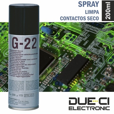 Spray limpeza contactos seco DUE.CI ELECTRONIC 200ml ao lado de placa eletrónica verde