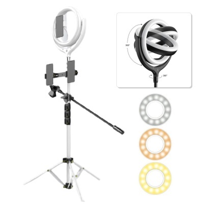 Anel de luz LED branco com tripé e suporte para telemóvel
