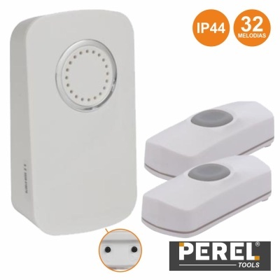 Campainha eletrónica branca com dois botões e logotipo PEREL TOOLS