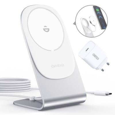 Carregador sem fios vertical branco com base metálica e adaptador de parede branco