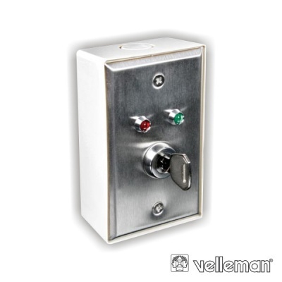 Interruptor de chave preto e prateado com luzes indicadoras vermelha e verde e caixa branca